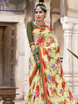 Odette - Beige Georgette Floral Printed Saree with Unstitched Blouse