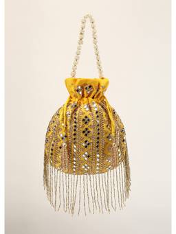 KALKI FASHION - Yellow Potli in Satin with Hand Embroidery Detailing Using Mirror and Cut Dana Fringe