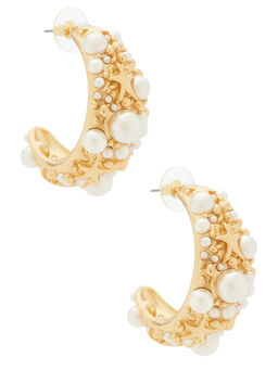 petit moments - Seabreeze Womens Faux Pearl Starfish Hoop Earrings Gold