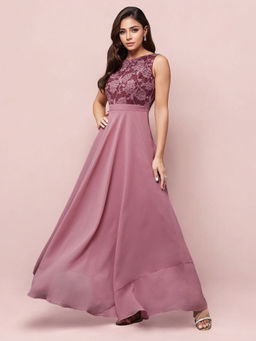 Miss Chase - Women Lavender Floral Lace Fit and Flare Maxi Party Dress