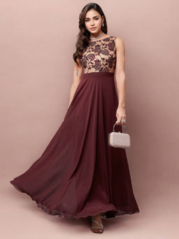 Miss Chase - Women Wine Floral Lace Fit and Flare Maxi Party Dress