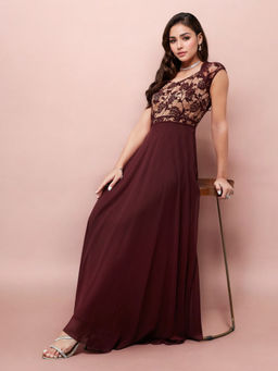Miss Chase - Women Wine Fit and Flare Maxi Party Dress