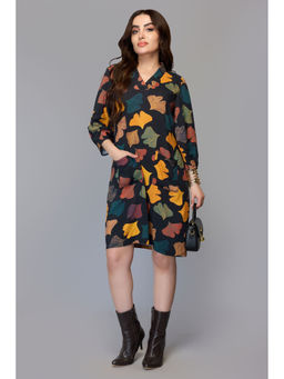 TAMISKA BY NARENDRA KUMAR - Black Leaf Print Knee-Length Dress