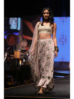 Payal Singhal - Aylen Grey Silk Bustier & Skirt Palazzo with Blush Net Dupatta (Set of 3)