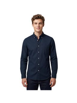 R&B - Navy Blue Solid Men Button-Down Collar Long Sleeves Shirt