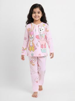 Hopscotch - Girls Pink Cartoon Print T-Shirt and Pyjama