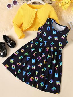 Hopscotch - Text Print Sleeveless Casual Dress With Shrug