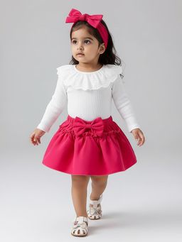 Hopscotch - Ruffle Self Design Top and Skirt With Headband