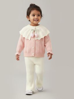 Hopscotch - Girls Pink and White Textured Bertha Collar Sweater and Pant