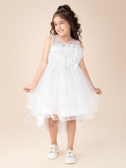 Hopscotch - Floral Applique High Low Party Dress With Bow