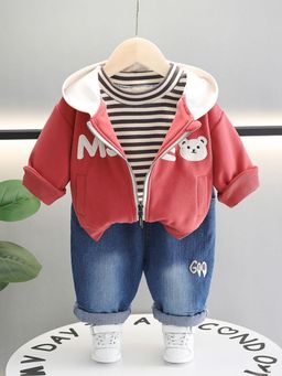 Hopscotch - Teddy Bear Applique Striped Jacket T-Shirt and Jeans