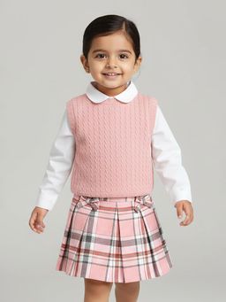 Hopscotch - Girls Pink and White Plaid Print Shirt, Vest and Skirt