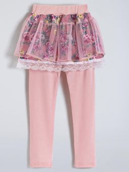 Hopscotch - Girls Peach Floral Print Slim Fit Skirt Leggings