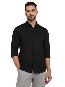 ColorPlus - Regular Fit Black Cotton Linen Spread Collar Shirt