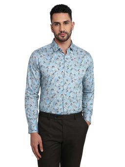 Raymond - Slim Fit Blue Pure Cotton Semi Cut Away Collar Shirt