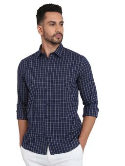 Parx - Slim Fit Navy Blue Pure Cotton Semi Cut Away Collar Shirt
