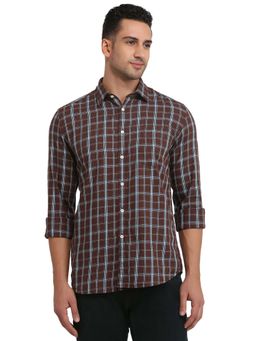 Parx - Slim Fit Brown Pure Cotton Semi Cut Away Collar Shirt