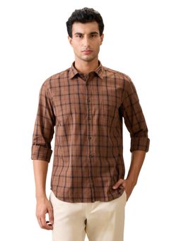 Parx - Slim Fit Brown Pure Cotton Semi Cut Away Collar Shirt