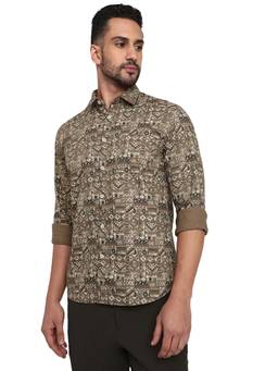 Parx - Slim Fit Brown Pure Cotton Semi Cut Away Collar Shirt