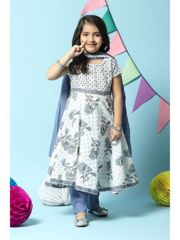 Biba - Girls Off White Printed Cotton Gathered Suit (Set of 3)