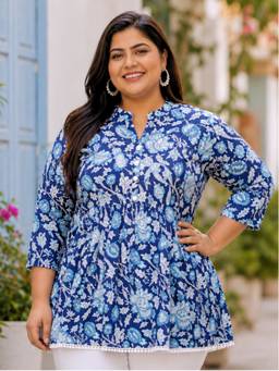 Indietoga - Women Plus Size Blue Floral Print Cotton Fit and Flare Top