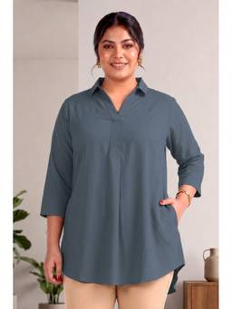 Indietoga - Women Plus Size Grey Solid Centerpleat Rayon Longline Top