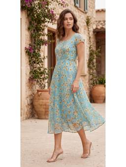 Souchii - Women's Pale Blue Floral Printed Chiffon Midi Dress
