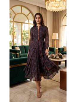 Souchii - Women's Midnight Navy Chiffon Layered Midi Dress