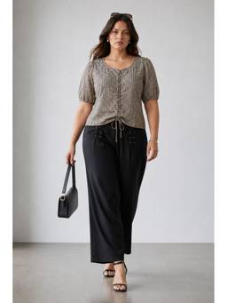 Virgio - Beige Checked Viscose Corset Inspired Plus Size Top