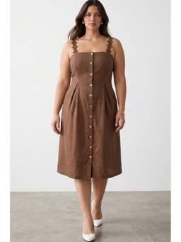 Virgio - Brown Solid Cotton Lace Patch Plus Size Dress