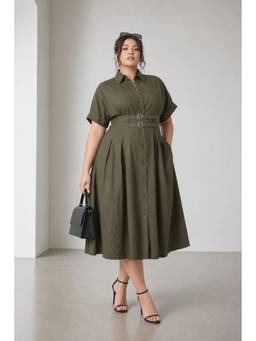 Virgio - Olive Solid Cotton Double Belted Midi Plus Size Dress