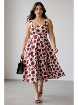 Virgio - White Floral Cotton Printed Pleated Midi Plus Size Dress