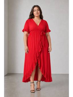 Virgio - Red Solid Viscose Wrap Style Flared Plus Size Dress