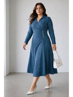 Virgio - Blue Striped Cotton Wrap Plus Size Dress