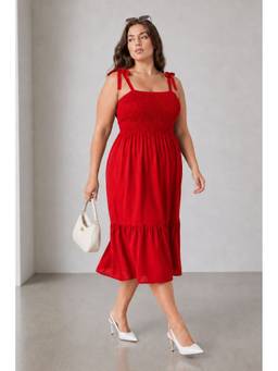 Virgio - Red Solid Cotton Smocked Bodice Plus Size Dress