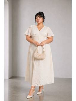 Virgio - Off White Embroidered Cotton Fit and Flare Schiffli Plus Size Dress