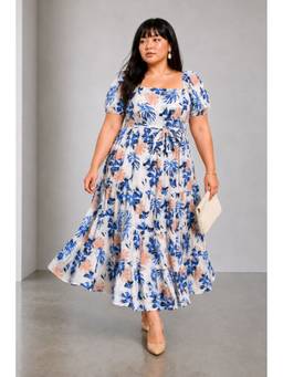 Virgio - White Tropical Print Cotton Fit And Flare Tiered Plus Size Dress