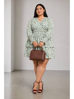 Virgio - Green Botanical Viscose Smocked Waist Mini Plus Size Dress