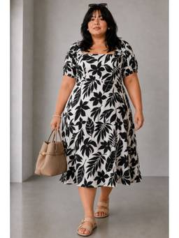 Virgio - White Printed Cotton Square Neck Puff Sleeve Midi Plus Size Dress