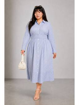 Virgio - Blue Striped Cotton Maxi Plus Size Dress
