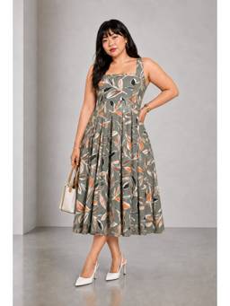 Virgio - Grey Floral Cotton Fit and Flare Midi Plus Size Dress