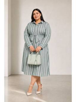Virgio - Grey Stripes Cotton Plus Size Shirt Dress