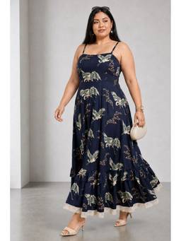 Virgio - Black Japanese Bird Print Viscose Fit Flare Maxi Plus Size Dress