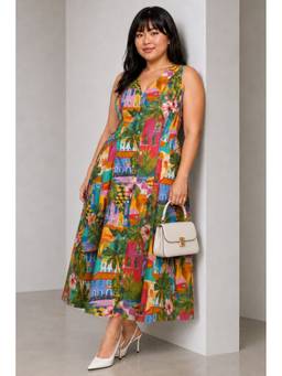 Virgio - Multi-Color Tropical Cotton V-Neck Maxi Plus Size Shirt Dress