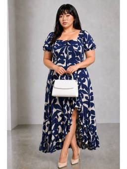 Virgio - Blue Floral Viscose Highlow Maxi Plus Size Dress