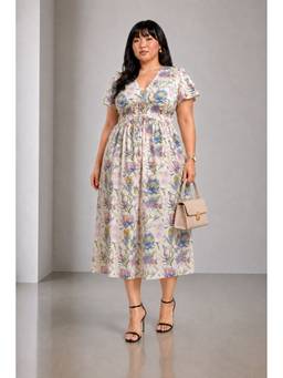 Virgio - White Floral Print Cotton Fit and Flare Maxi Plus Size Dress
