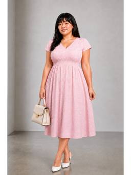 Virgio - Pink Embroidered Cotton Smocked Midi Plus Size Dress