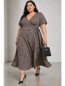 Virgio - Brown Animal Print Viscose Maxi Wrap Plus Size Dress