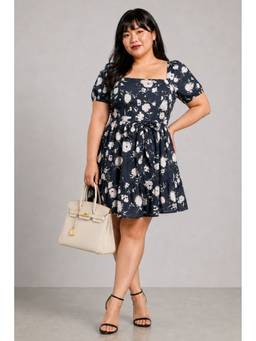Virgio - Black Floral Viscose Mini Tier Plus Size Dress with