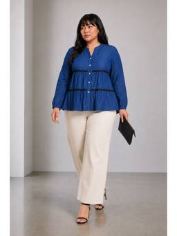 Virgio - Blue Solid Cotton Tiered Lace Insert Plus Size Top